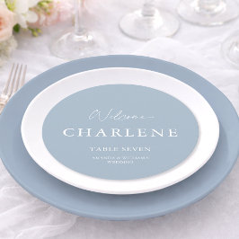 Round Dusty Blue Wedding Menu | Personalized Table