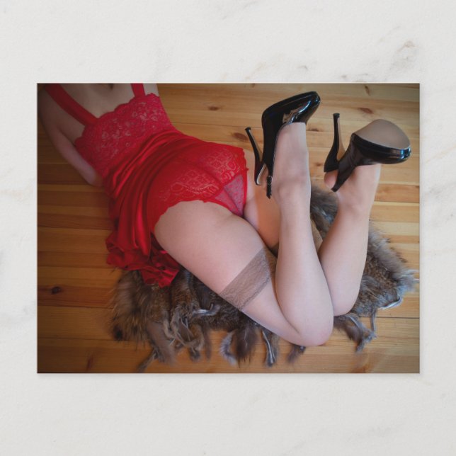 Roupa íntima de renda vermelha foto cartão postal (Frente)