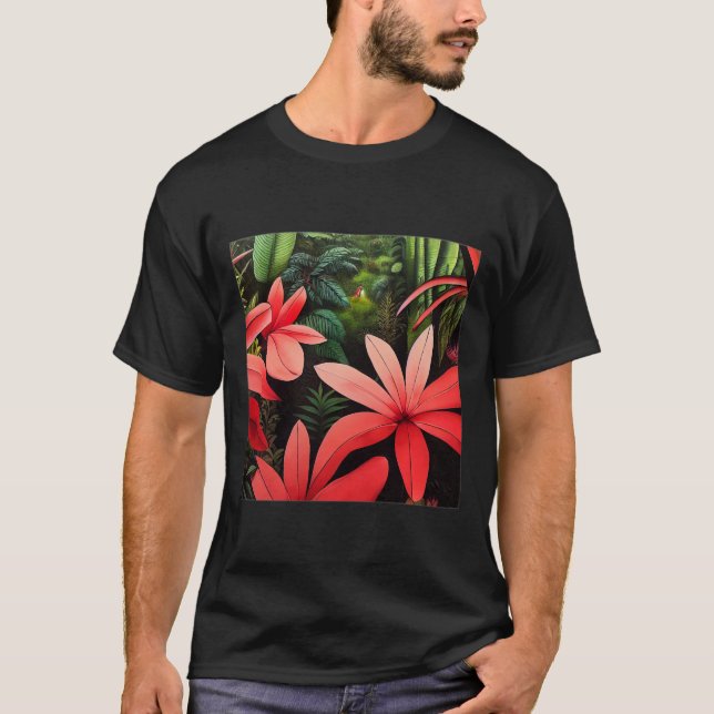 Rousseau Selva Flores Básicas de T-Shirt Escuro (Frente)