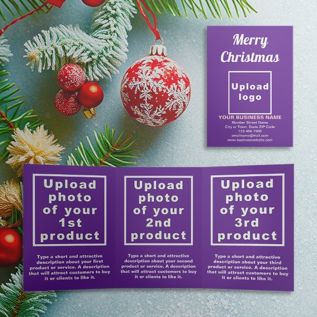 Roxa | Natal | Cartão triplo comercial (Purple trifold card for Christmas with your business brand and products or services)