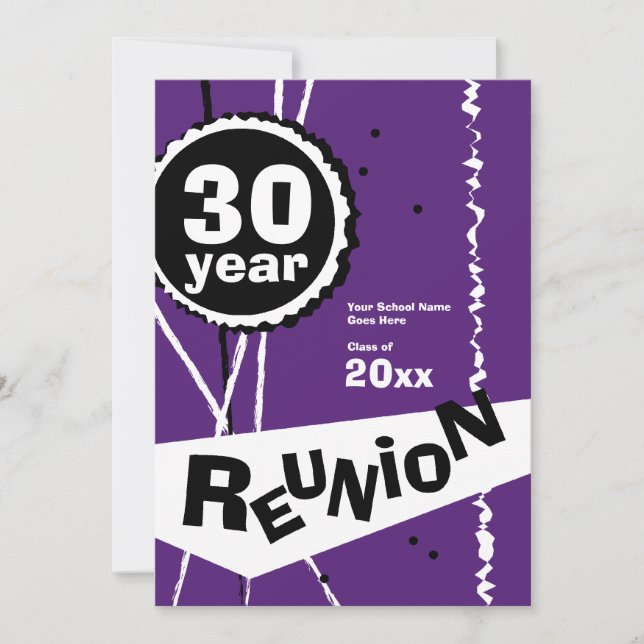 Roxo e branco convite da reunião de classe de 30 (Frente)
