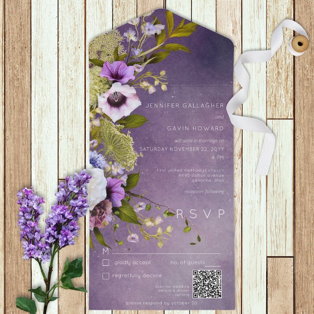 Roxo Escuro e Sage Verde Floral Moderno Código QR (Criador carregado)