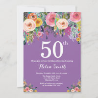 Roxo Floral 50º Convite de Aniversário
