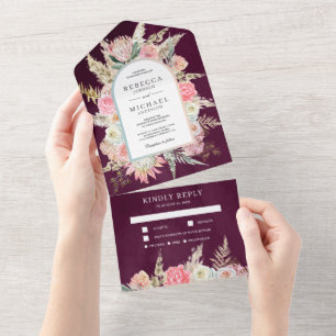 Roxo Flores Boho Pampas Grama Plum Casamento