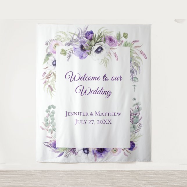 Roxo Lavanda e Anêmonas Brancas Floral | Tapeçaria (Frente)