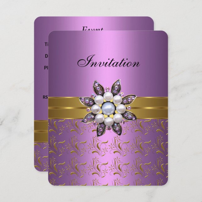Roxo Lilás Dourado Convite Jóia Floral Elegante Cl (Frente/Verso)