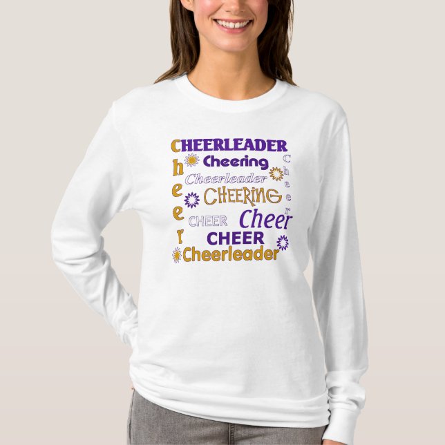 Roxo, ouro, e t-shirt branco do cheerleader (Frente)