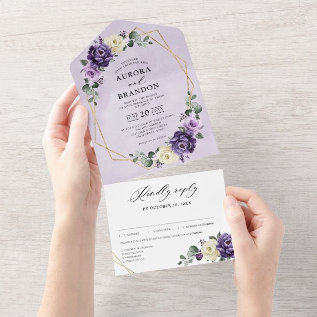 Roxo Plum Ivory Dourado Floral Casamento Geométric (Aba destacável)