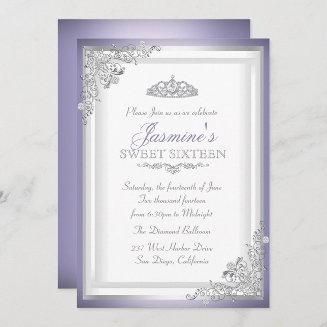 Roxo Silver Damask & Tiara Sweet 16 Convite (Frente/Verso)