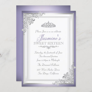 Roxo Silver Damask & Tiara Sweet 16 Convite