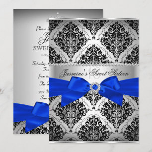 Royal Blue & Black Damask Sweet 16 Convite