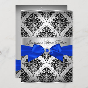 Royal Blue & Black Damask Sweet 16 Convite