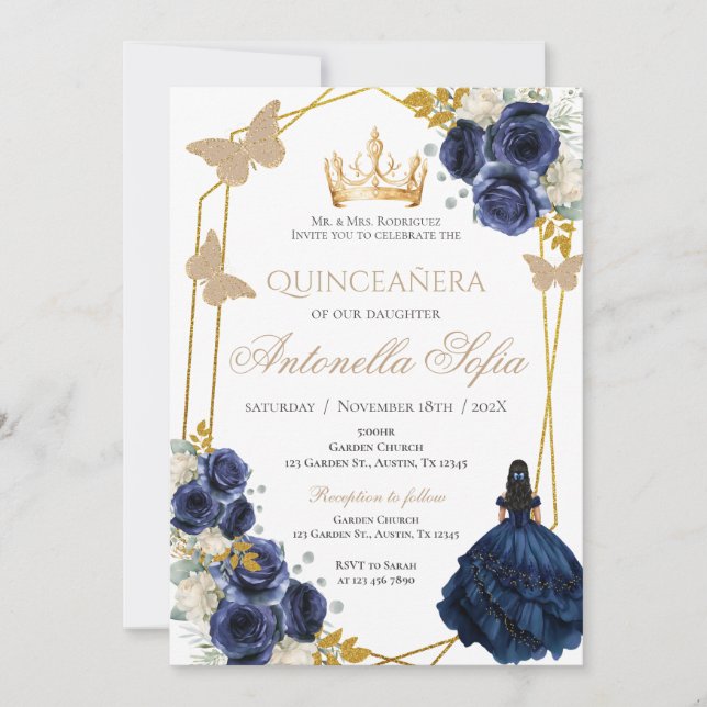 Royal Blue Butterflies Quinceanera Convite (Frente)