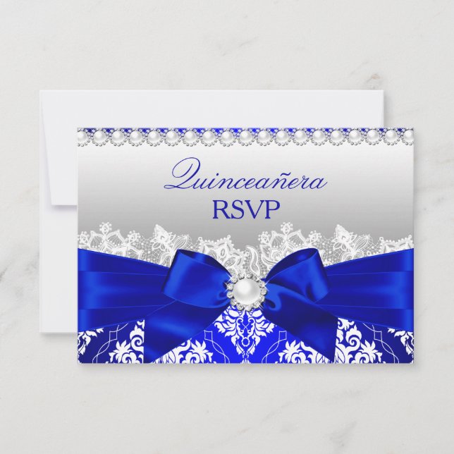 Royal Blue Damask & Pearl Arco Quinceanera RSVP (Frente)
