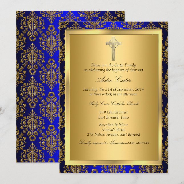 Royal Blue & Dourado Damask Cross Baptism Convite (Frente/Verso)