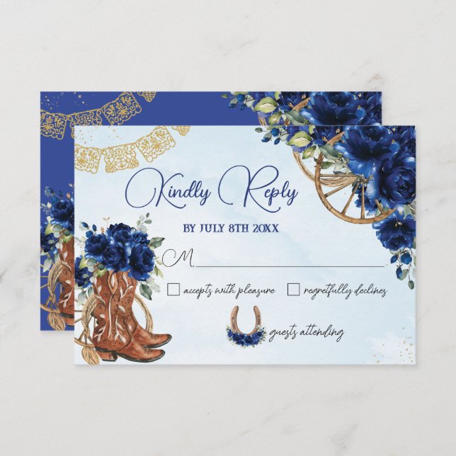 Royal Blue Floral Charro West Quinceañera Resposta (Frente/Verso)