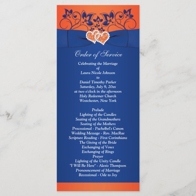 Royal Blue, Orange Floral, Programa de Casamento d (Frente)