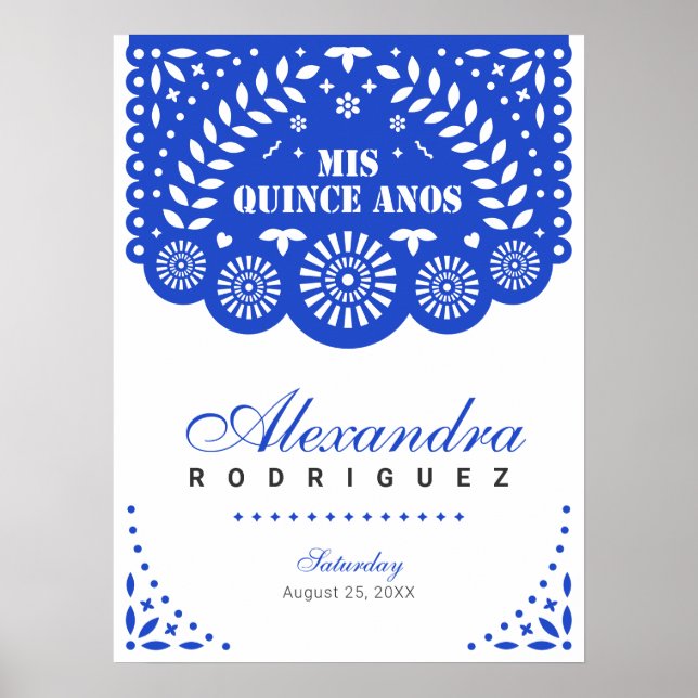 Royal Blue Papel Picado Mis Quince Años Poster (Frente)