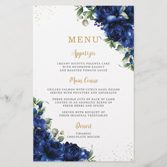 Royal Blue Roses Floral Flowers Menu Sheet  (Frente)