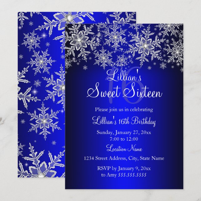 Royal Blue Silver Snowflake Sweet 16 Convite (Frente/Verso)