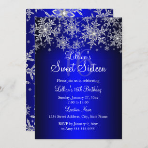 Royal Blue Silver Snowflake Sweet 16 Convite