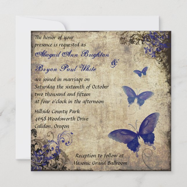 Royal Blue Vintage Butterfly Convite de casamento  (Frente)