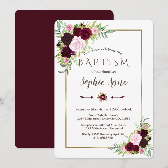 Royal Burgundy Marsala Floral Girl Baptism Convite (Frente/Verso)