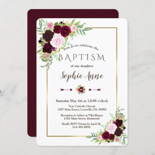 Royal Burgundy Marsala Floral Girl Baptism Convite