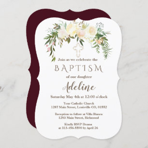 Royal Ivory Floral Burgundy Baptism Convite