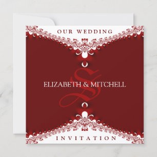 Royal Red+White Lace Monogramas Convites de Casame