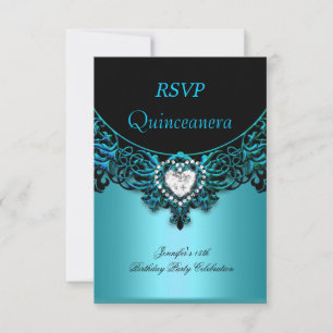RSVP 15º Quinceanera Azul Água Turquesa Preto Diam