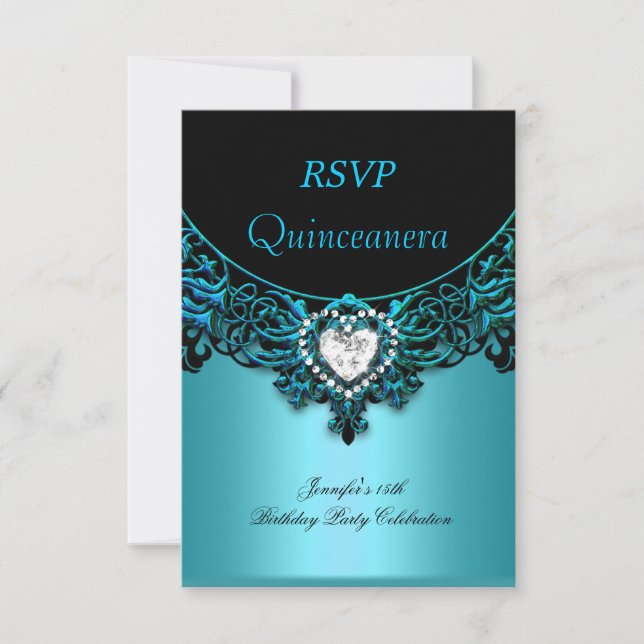 RSVP 15 Quinceanera Aqua Blue Teal Black Diamond (Frente)