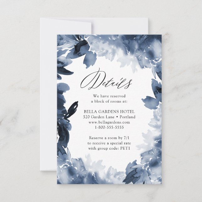 RSVP Abstrato Indigo Floral | Cartão de Detalhes de Cas (Frente)