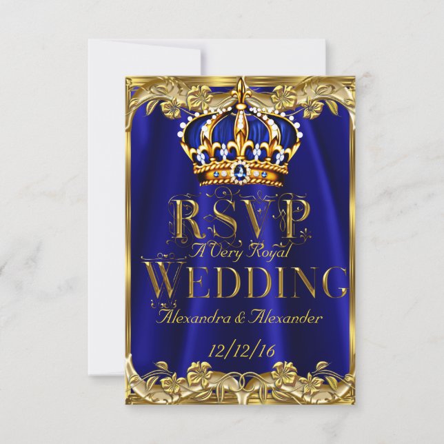 RSVP Azul Real Marinho Casamento Coroa Dourada 3 (Frente)