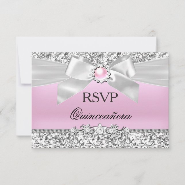 RSVP Bege Rosa Brilho Pérola Laço Quinceanera (Frente)