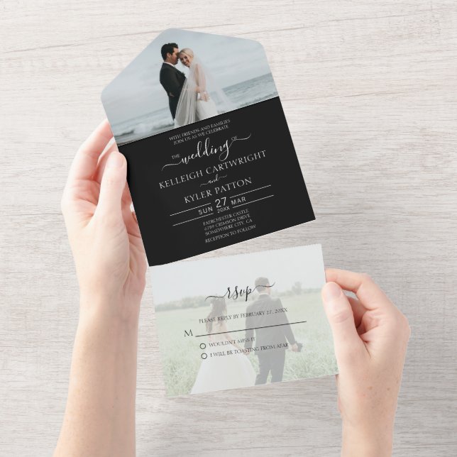 RSVP Black 2 Foto All in One Weding Invitation (Aba destacável)