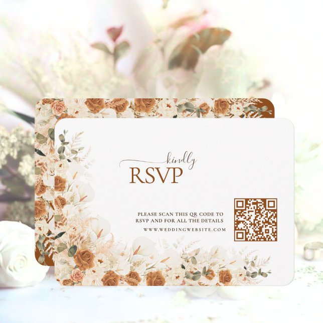 RSVP Boho Terracotta Floral Código QR Casamento Cartão  (Criador carregado)