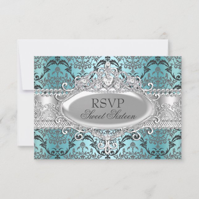 RSVP bonito Teal & Silver Damask Sweet 16 (Frente)
