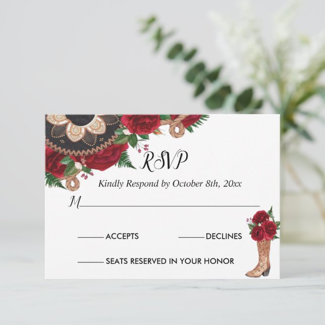 RSVP Card Charra Quinceañera, Rosa vermelha Mariac (Em pé/Frente)