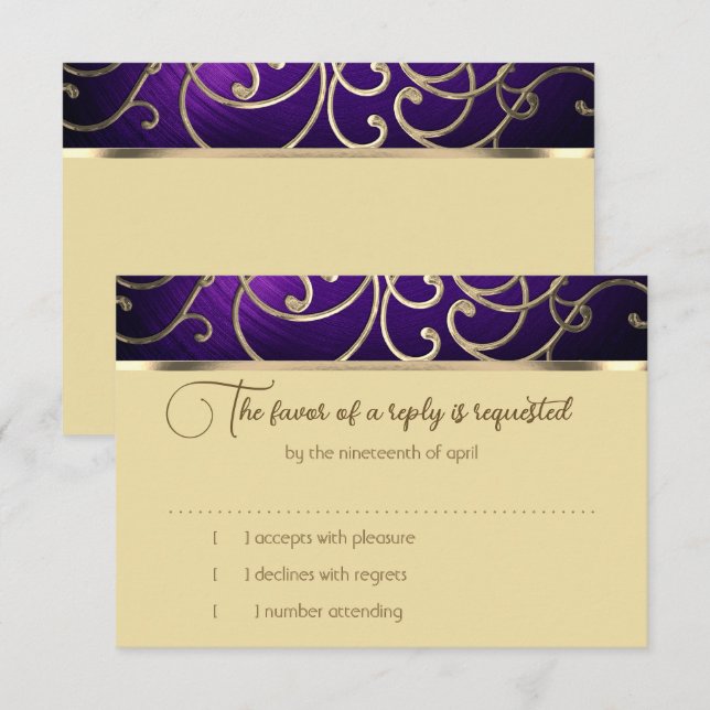RSVP Card Elegante, púrpura e Dourada (Frente/Verso)
