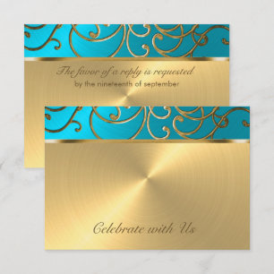 RSVP Card Elegante Turquoise Blue Dourado Filigree