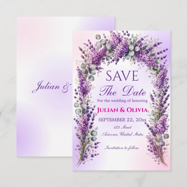 RSVP Cartão de Data de Salvamento de Arco de Lavanda Ro (Frente/Verso)