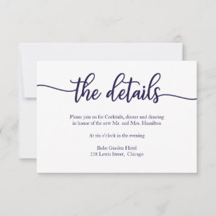 RSVP Cartão de Detalhes de Casamento Azul Naval Branco