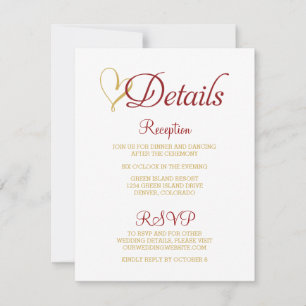 RSVP Cartão de Detalhes de Casamento Claret Gold Heart