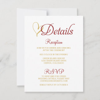 RSVP Cartão de Detalhes de Casamento Claret Gold Heart