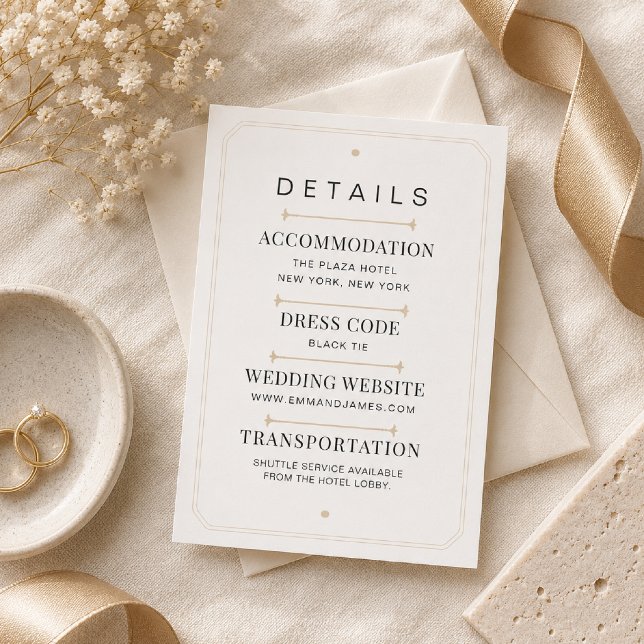 RSVP Cartão de Detalhes de Casamento de Luxo com Serifa (Elegant flat lay featuring the Modern Serif Luxury Details Card on warm white linen.)