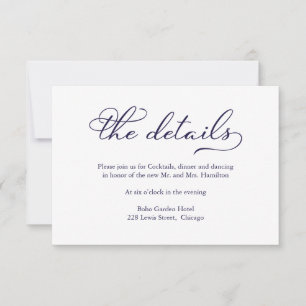 RSVP Cartão de Detalhes de Casamento em Azul Naval Eleg