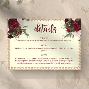 RSVP Cartão de Detalhes de Casamento Floral Borgonha Rú