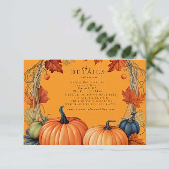 RSVP Cartão de detalhes de flores e abóboras de outono (Em pé/Frente)