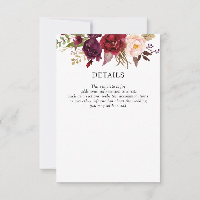 RSVP cartão de detalhes do casamento floral burgundy (Frente)